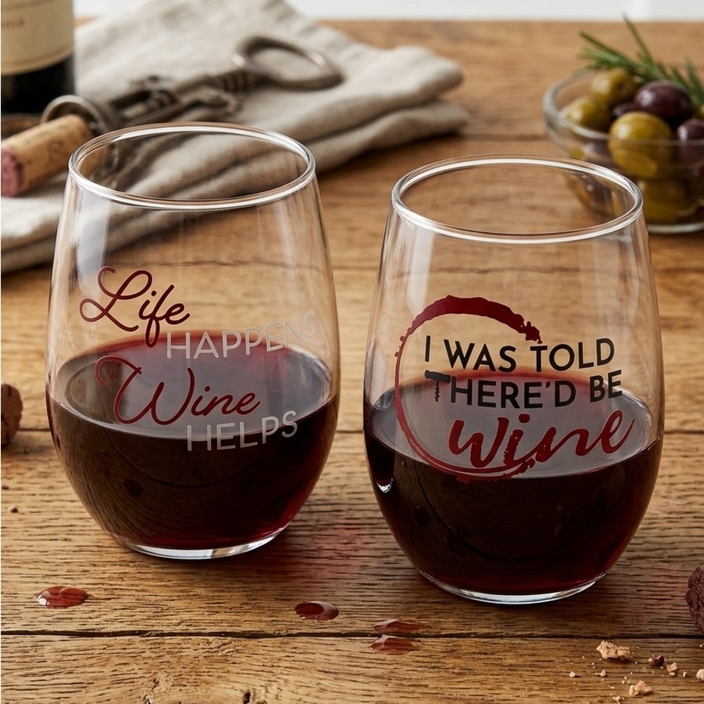Stemless Wine Glasses with Fun Script (Set of 2) - NWT